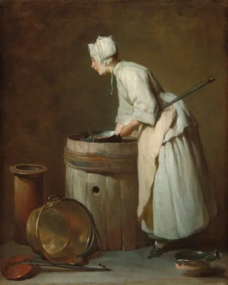 A pale-skinned young woman stands holding a long-handled pot over an open barrel in this vertical painting. The woman faces our left in profile and leans slightly over the thigh-high barrel.