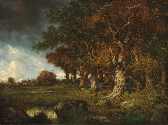 This painting shows a woodland scene with dense trees on the right side, their white and brown trunks twisting upwards and their leaves in shades of dark green, yellow ochre, and rusty orange.