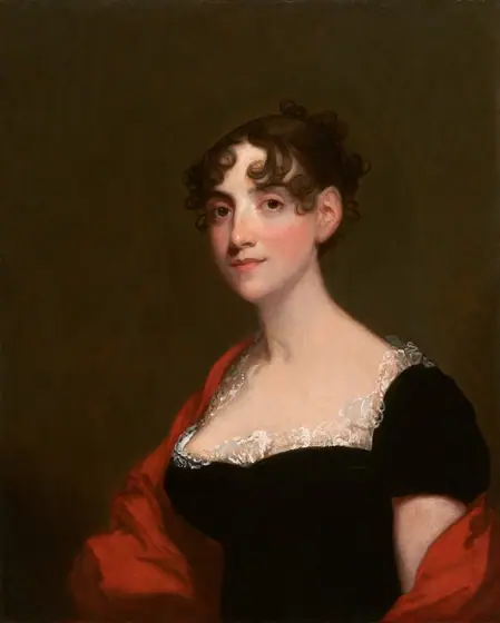 This painting depicts the upper half of a woman's body. She is turned slightly to the left and faces us, with pale skin, soft, rosy cheeks, dark brown eyes, and a neutral expression.