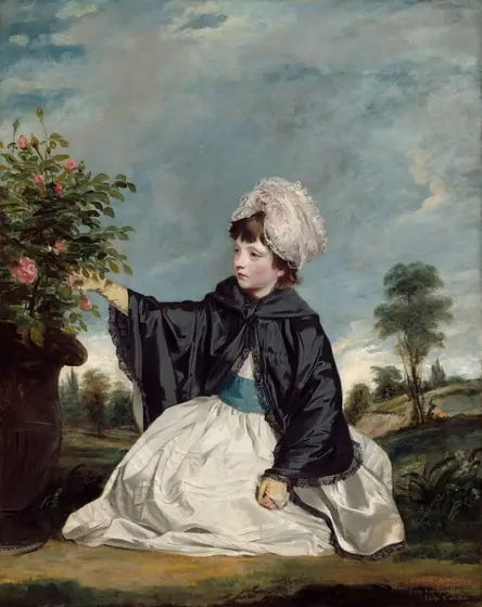 A young girl with dark hair and pale skin, wearing a long white dress, kneels on the ground in a hilly, tree-lined landscape in this vertical portrait painting.