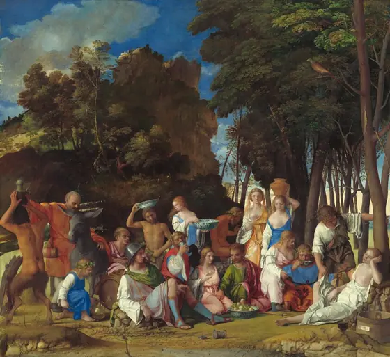 Six women, eight men, two satyrs, and one child gather in pairs and trios in a loose row that spans the width of this nearly square painting. They are set within a landscape with craggy rocks, cliffs, and trees.