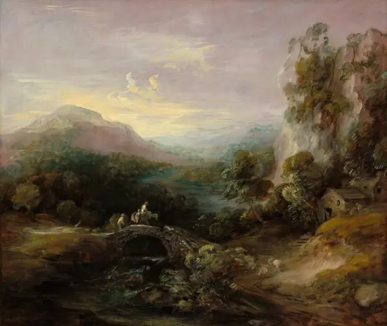 A river winds through forest-green trees and vegetation between rolling hills and mountains extending into the deep distance under a pale, orchid-purple sky in this nearly square landscape painting.