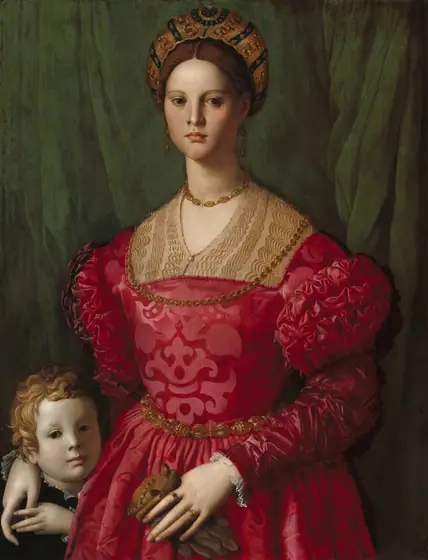 A woman wearing a crimson-red brocade dress and gold jewelry fills most of this vertical portrait, but her right hand, on our left, rests on the shoulder of a young boy tucked into the lower left corner of the panel.