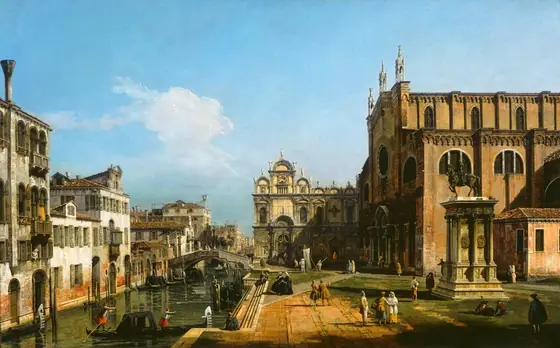 People walk, sit, or stand on a plaza along a canal lined on the far side with buildings in this horizontal landscape painting.