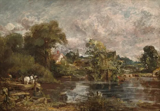From a grassy riverbank, we look across the placid surface of a river lined along the far bank with trees and farm animals in this horizontal landscape painting.