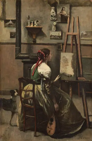 A young, pale-skinned woman sits with her back to us as she looks at a painting on an easel in a studio in this vertical painting.