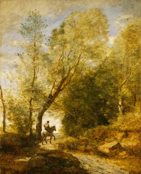A person rides a horse away from us on a narrow dirt path curving through a forest dominated by golden yellow trees in this vertical landscape painting.