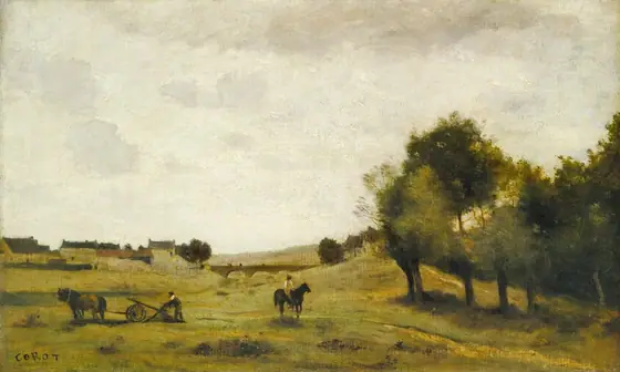 A person at the center of this loosely painted horizontal landscape rides a dark horse across a field as a man to the left works the field behind a horse-drawn plow.