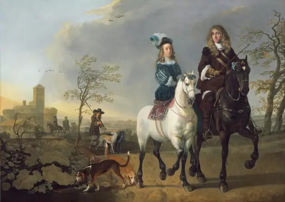 An elegantly dressed man and woman ride horses toward us and to our right in a landscape with low, rolling hills, stone buildings, and trees in this horizontal painting. The two horses and riders take up the right half of the composition.