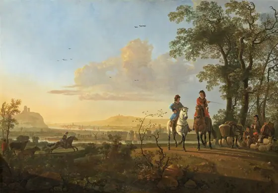 Golden sunlight pours across a landscape with three people on horseback and two more people near a flock of sheep, a cow, and a mule in this horizontal painting. The people all have pale, peachy skin.
