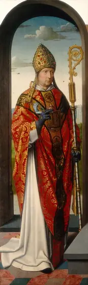An older, pale-skinned man wearing a richly brocaded robe and bishop’s mitre stands under a rounded arch in front of a deep landscape in this tall, narrow, vertical painting.