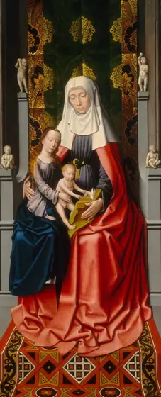Two women and a baby, all with pale skin, sit together on a gray, stone throne with patterned fabric hanging behind them and a patterned rug below in this narrow, vertical painting.