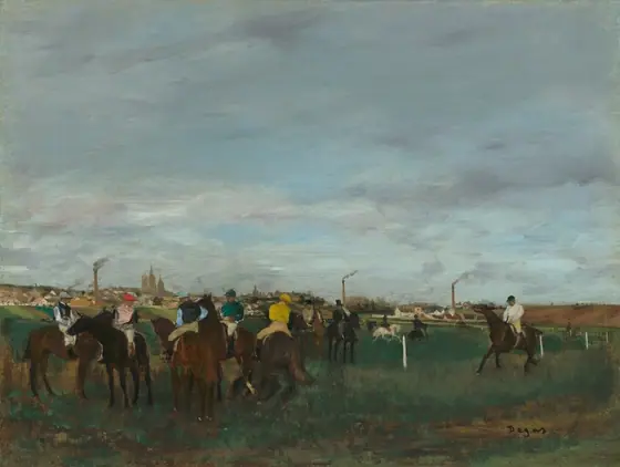 Six jockeys wearing colorful silks sit astride brown and black horses on a grassy field in this horizontal painting. Two more riders wearing top hats sit a bit farther back from the group, and two horses run on a grass track behind that.