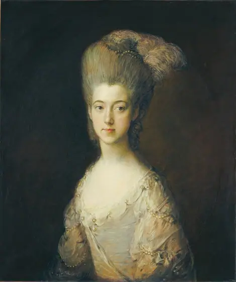 Shown from the waist up, a young, pale-skinned woman with her gray hair piled high atop her head is lit starkly against a dark background in this vertical portrait painting. The woman’s shoulders are angled to our left.