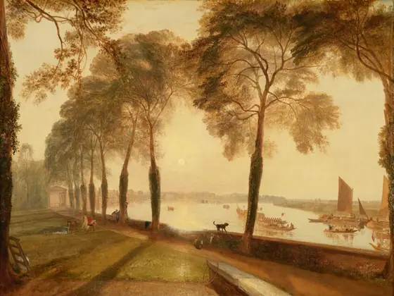 Painted in golden tones of butter and harvest yellow, tawny brown, and olive green, this horizontal landscape painting has a low wall stretching diagonally from the lower right corner off to our left, dividing a river to our right from a…