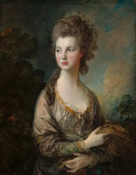 Shown from the hips up, an elegantly dressed woman with smooth, pale skin and ash-brown hair piled high on her head looks off into the distance to our left in front of a loosely painted landscape in this vertical portrait.