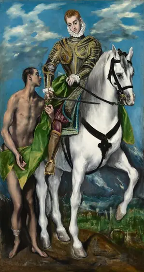 An armored man on horseback hands a piece of emerald-green cloth down to the nearly nude man standing next to him in this slightly stylized, vertical painting.