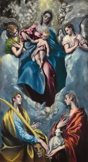 A woman and the baby she holds float in a cloud flanked by two winged angels, as two women stand below in this tall, vertical painting. All the people have pale skin shaded with smoke gray, and their necks, fingers, and limbs are elongated.
