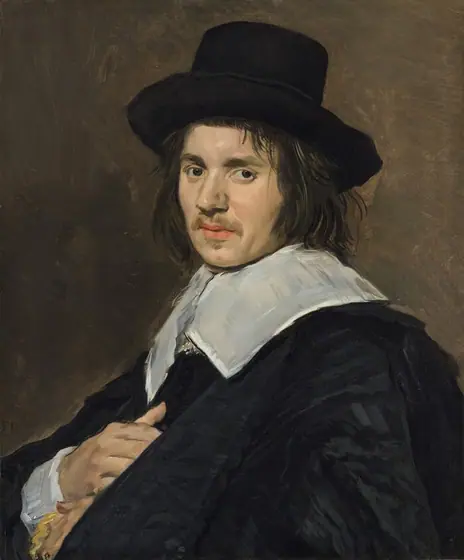 Shown from the chest up, a pale-skinned man holds one hand to his chest as he looks at us in this vertical portrait painting.