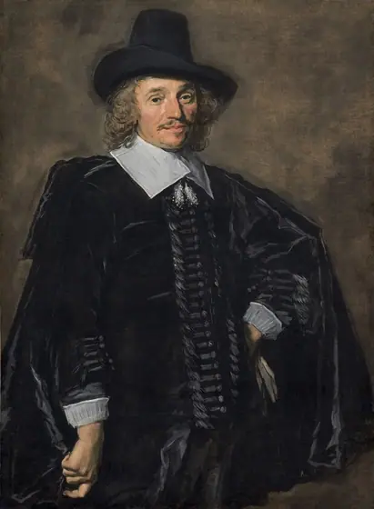 Shown from the thighs up, a man with pale, peachy skin, wearing a black suit, cape, and hat, stands with one hand on his hip against an elephant-gray background in this vertical portrait painting.
