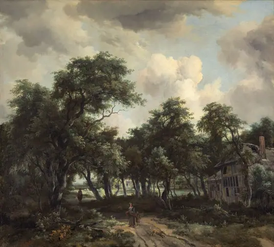 A dilapidated cottage nestles among leafy trees next to a winding dirt road in this square landscape painting. The dirt road runs from the bottom center of the painting into the distance.