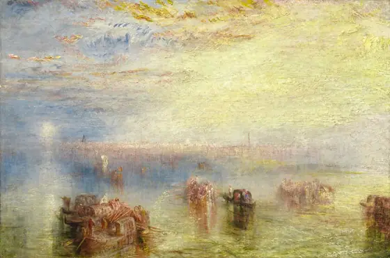 Butter-yellow clouds and water, a periwinkle-blue sky, and pale plum-purple buildings blend in hazy, indistinct bands across this horizontal landscape painting.