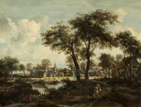 This painting shows a landscape with several buildings near a body of water. Closest to us, near the bottom right corner, a person in red leans over a wooden fence to cast a fishing rod into the water.