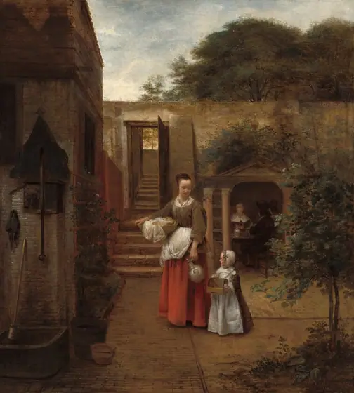 A woman and child stand in an enclosed courtyard in this vertical painting.