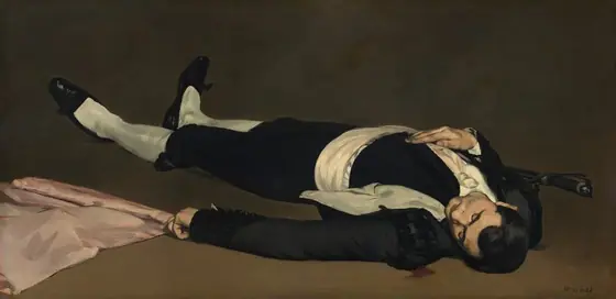 From a low perspective, we look at a man wearing black and white, lying on the ground with a pink flag beside him in this long, horizontal painting.