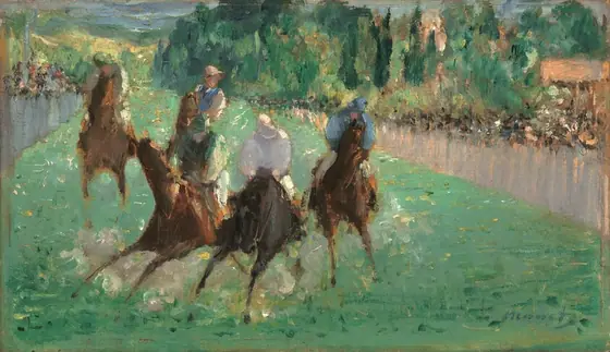 We find ourselves on an emerald-green, grassy racetrack as a dusty cluster of horses and their jockeys bear directly down on us in this loosely painted horizontal landscape.