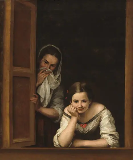 Two women with pale skin look out at us from the other side of a rectangular window opening with a shadowy interior behind them in this vertical painting.