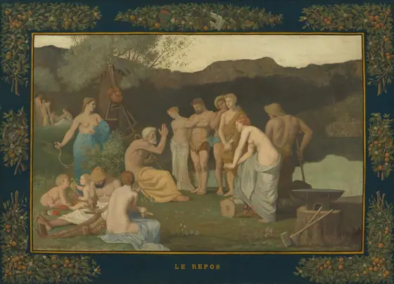 This is a painting of various people gathered in a pastoral setting. The scene features a group of nude and partially-clothed people of different ages, including an elderly man who is seated on the left, gesturing to the others around him.