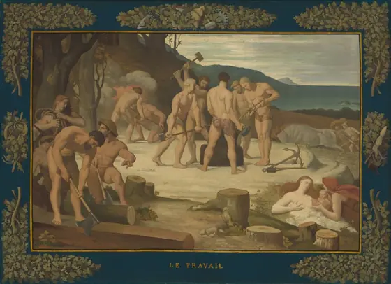 This is a painting of a group of people, mostly men, engaged in laborious activities outdoors. The people are minimally clothed, with small pieces of cloth wrapped around their waists.