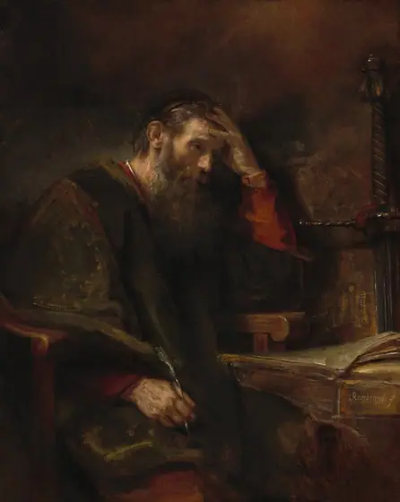 Shown from about the knees up, an older, bearded, pale-skinned man sits at a desk with his head in one hand in a shadowy room in this vertical painting. His body is angled to our right, and he sits in a heavy wooden armchair next to a desk.