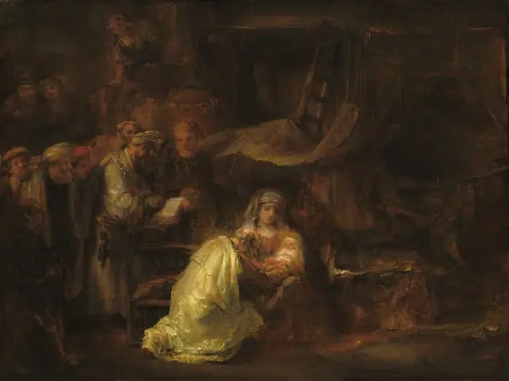 In a space almost entirely shrouded in shadow, light falls across a bearded man kneeling in front of a woman cradling an infant, as about a dozen people to our left look on in this horizontal painting.