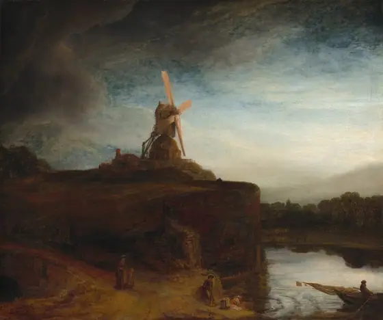 A windmill stands on a promontory cutting into a waterway under a partially stormy sky in this square landcape painting.