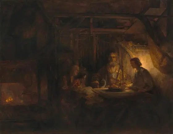 Three men and a woman sit around a wooden table on the right side of a dimly lit room in this horizontal painting. The scene is painted entirely in warm shades of bronze, golden yellow, and dark brown.