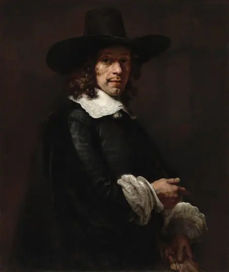 Shown from the hips up, a man with pale, peachy skin, dressed in a black suit and tall hat, looks at us from in front of a dark brown background in this vertical portrait painting.