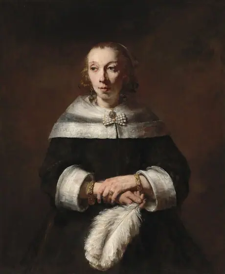 A woman with pale skin, wearing a black dress and holding a full, billowing white ostrich feather, is shown from the hips up against a dark background in this vertical portrait painting.