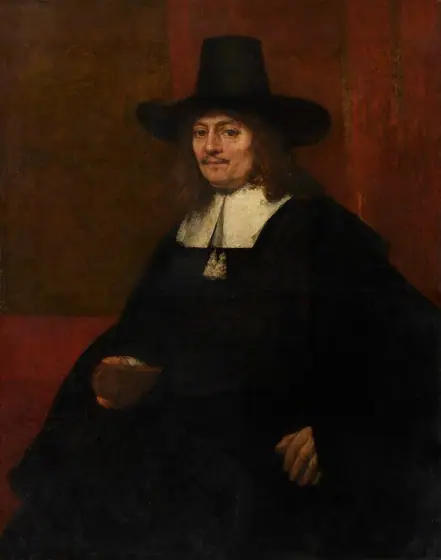 Shown from about the knees up, a man with peachy skin, wearing a voluminous black cloak and a tall, brimmed hat, looks directly at us in this vertical portrait painting.