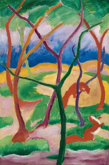 This painting presents a series of curved and bending lines intersecting with each other in an abstract pattern. The lines create a design resembling tree branches and leafy canopies.