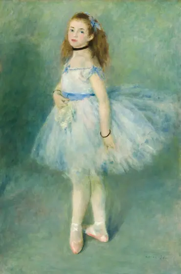 A pale-skinned girl wearing an arctic-blue ballet costume stands looking at us and almost fills this vertical painting. The scene is painted with blended strokes, giving it a soft, almost blurry look.