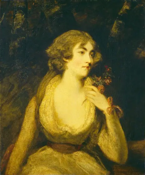 This is a painting of a woman who is depicted from the waist up. She is positioned sitting or leaning with her head turned to the right. She has pale-yellow skin, and her facial features include red lips and dark eyebrows.