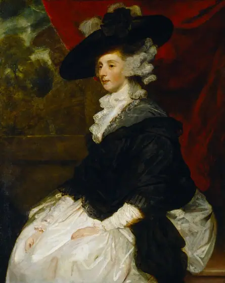 This painting depicts a seated woman facing the left. She has a pale complexion, rosy cheeks, arched eyebrows, and thin red lips set in a neutral expression. Her hands are resting on her lap.