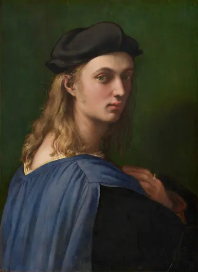 A young man with smooth, pale peachy skin and long blond hair looks over his right shoulder at us in this vertical portrait painting. He has light green eyes, a straight nose, full pink lips, and a narrow chin.