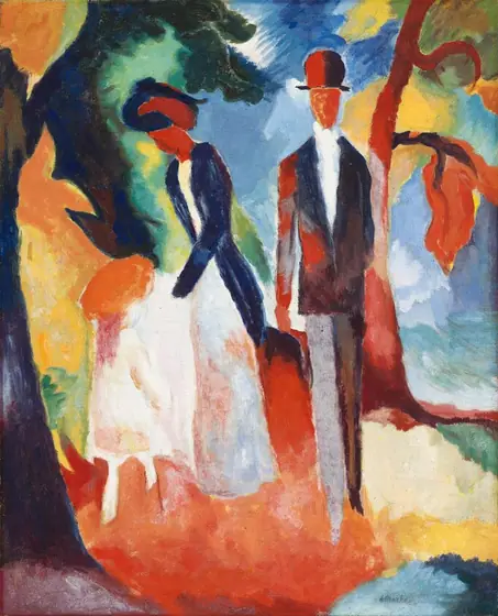 In this painting, abstract shapes and bright colors give the impression of two tall people standing outdoors.