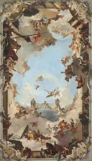 We look up through an opening surrounded by a stone ledge, with clusters of people and clouds swirling into a blue sky up and away from us in this vertical, rectangular painting.