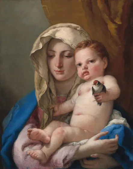 Shown from the chest up, a young woman faces us holding a nude baby in her arms in this vertical painting. They both have pale, peachy skin with pink cheeks.