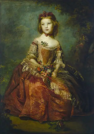 A young girl wearing a rust-red dress with a tight bodice and full, voluminous skirt sits in a hazy, garden-like setting in this vertical portrait painting. Her skin is pale with a greenish cast, but her cheeks are slightly flushed.