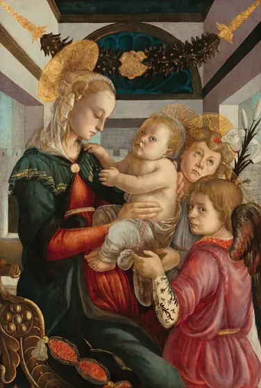 Shown from about the knees up, a woman, baby, and two angels crowd together in a narrow interior space pierced by three window openings.